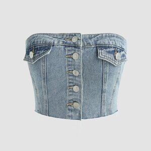 CIDER Stretch Denim Shirred Button Up Crop Tube Top XS